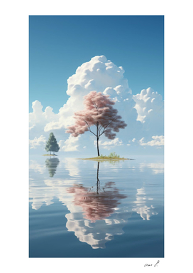 there is a tree that is standing in the water, cotton candy