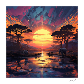 painting of elephants in nature at sunset with birds flying
