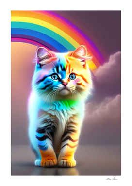 Colorful cute cat with rainbow