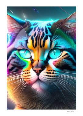 Colorful big cat with rainbow colors and neon lights