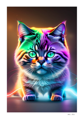 Colorful cute little cat with rainbow colors and neon lights