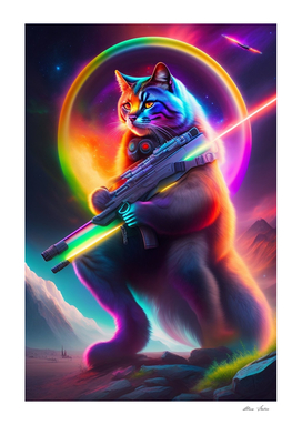 Brave Warrior Cat With Photon Gun, Neon Lights
