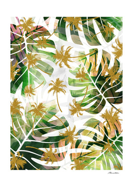 Monstera and golden tropical palms