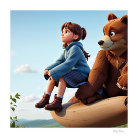 A girl sitting on a bear and looking into the distance