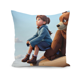 A girl sitting on a bear and looking into the distance