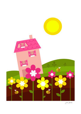 New art in shop : Pink house with hills