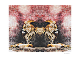 two sleeping lions with red and brown background