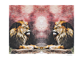 sleepy lions with red and brown background
