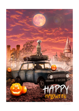 Happy Halloween Poster With Pumpkin and Car
