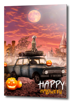 Happy Halloween Poster With Pumpkin and Car