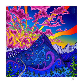 blue and purple mountain painting psychedelic colorful