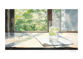 A glass of cold drink in the sunlight from window