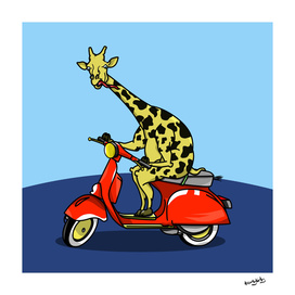 Giraffe riding a moped