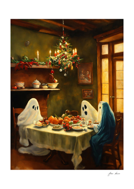 ghosts in a vintage kitchen enjoying their Christm-edit