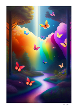 Butterflies in a fantasy world with rainbow colors