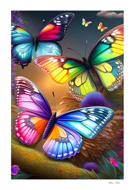 Cute butterflies with rainbow colors in a magic forest
