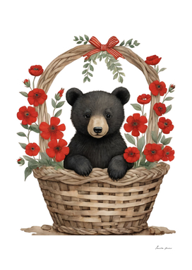 Cute Baby Black Bear In A Basket With Flowers