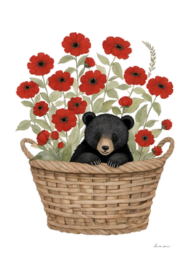 Cute Baby Black Bear In A Basket With Flowers (5)