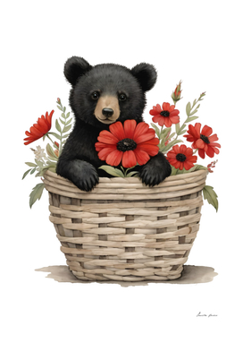 Cute Baby Black Bear In A Basket With Flowers (7)