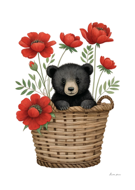 Cute Baby Black Bear In A Basket With Flowers (8)