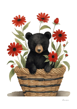 Cute Baby Black Bear In A Basket With Flowers (6)