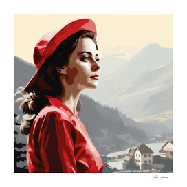 SWISS WOMAN IN THE MOUNTAINS IN AUTUMN
