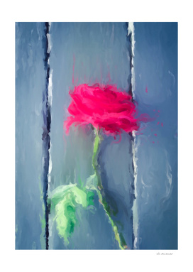 painting red rose with green leave on the wood table