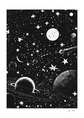 black and white Stencil of cartoon constellation of planets