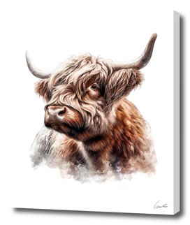 Adorable Highland Cow Watercolor Painting Portrait