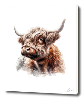 Adorable Highland Cow Watercolor Painting Portrait
