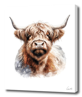 Cute Highland Cow Art Watercolor Painting Portrait