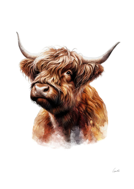 Cute Highland Cow Watercolor Painting Portrait