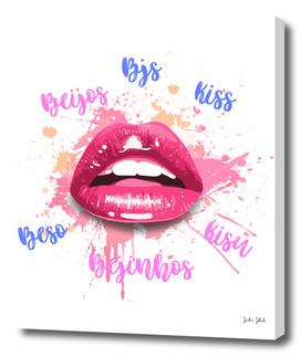 Lipstick lips with the word kiss in several languages
