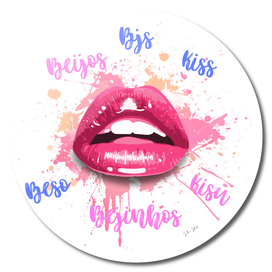 Lipstick lips with the word kiss in several languages
