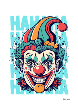 a clown with laughter written in the background