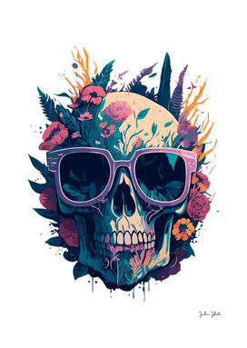 a skull with flowers and plants