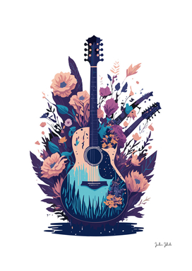 a guitar with flowers and plants