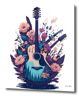 a guitar with flowers and plants