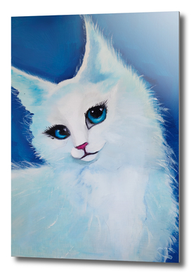 White cat on a blue background. Oil painting