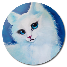 White cat on a blue background. Oil painting
