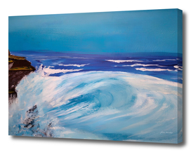 Sea with waves. Blue background