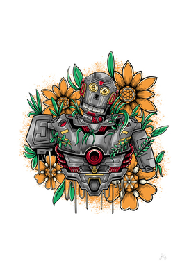 Steampunk Robot Skull with Flower
