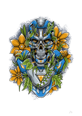Steampunk Robot Skull with Flower