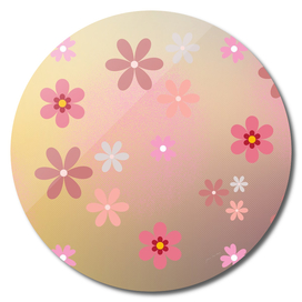 Yellow-pink background with multi-colored flowers.