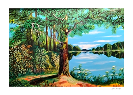 Painting landscape by the lake