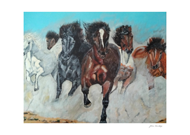 Herd of horses. Painting with a horse