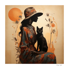 Boho Art, Silhouette of woman, cat