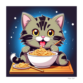 Cute cat eating noodle