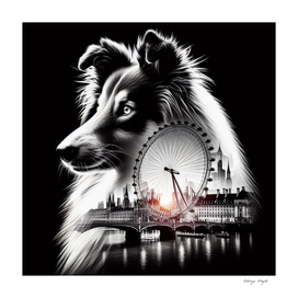 Collie silhouette and London Eye