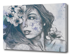 Mascara blue | woman face drawing with white flowers